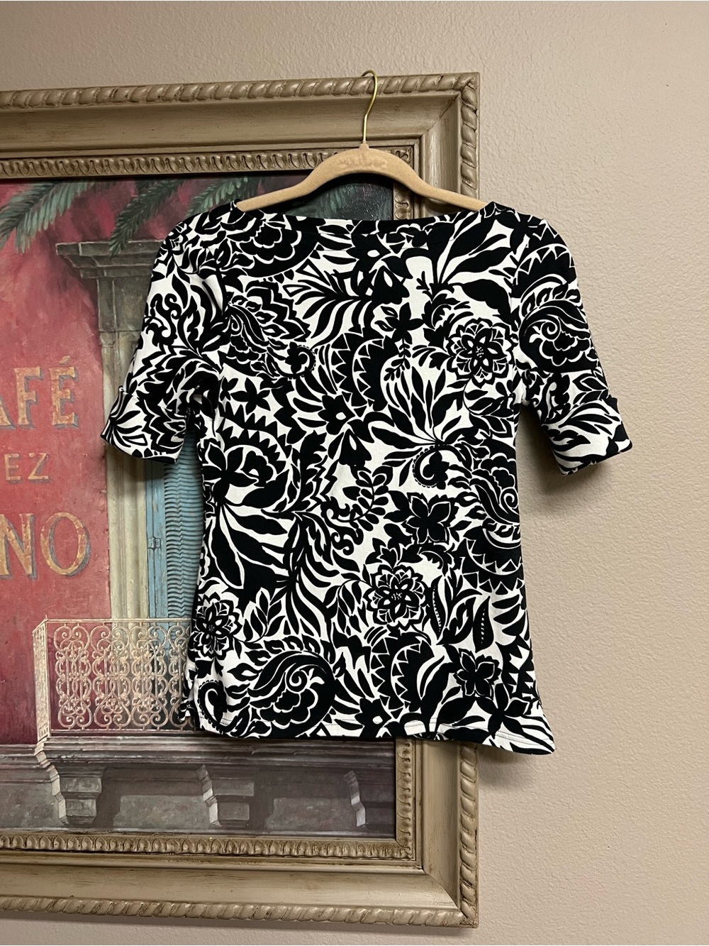 Lauren Ralph Lauren Black and White Floral Boat Neck Top